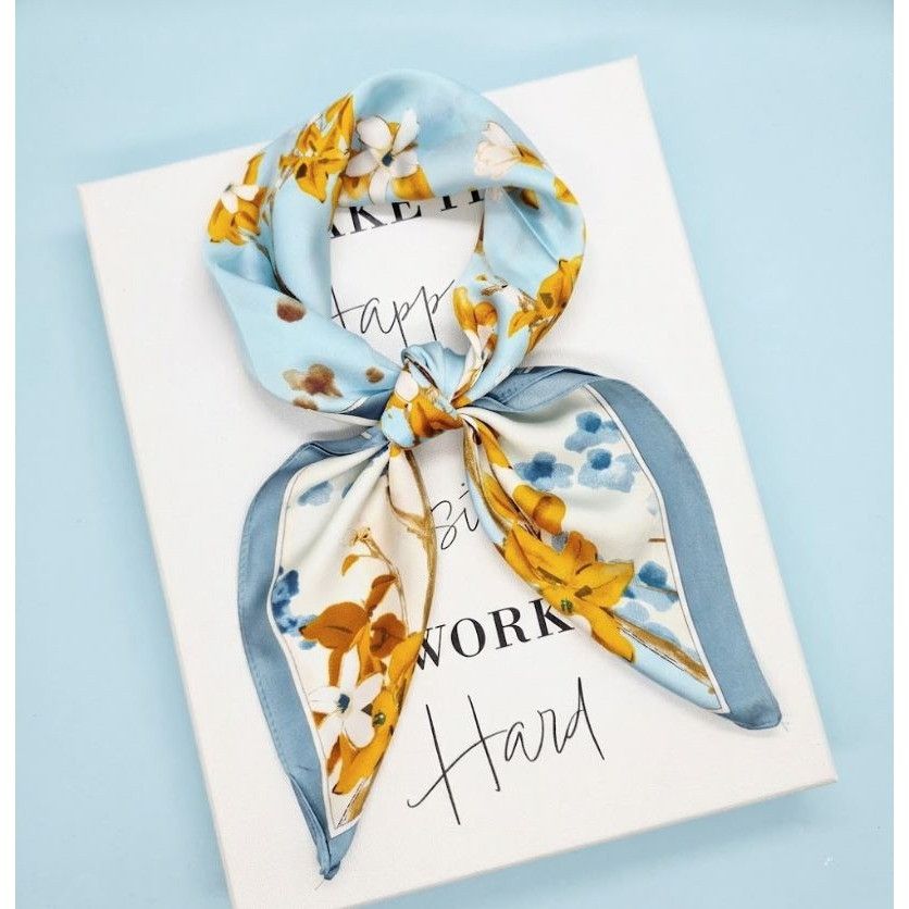 Other Scarf New Elegant Bandana FLORAL Sky Blue Retro Style Silk A Size ONE SIZE - 1 Thumbnail