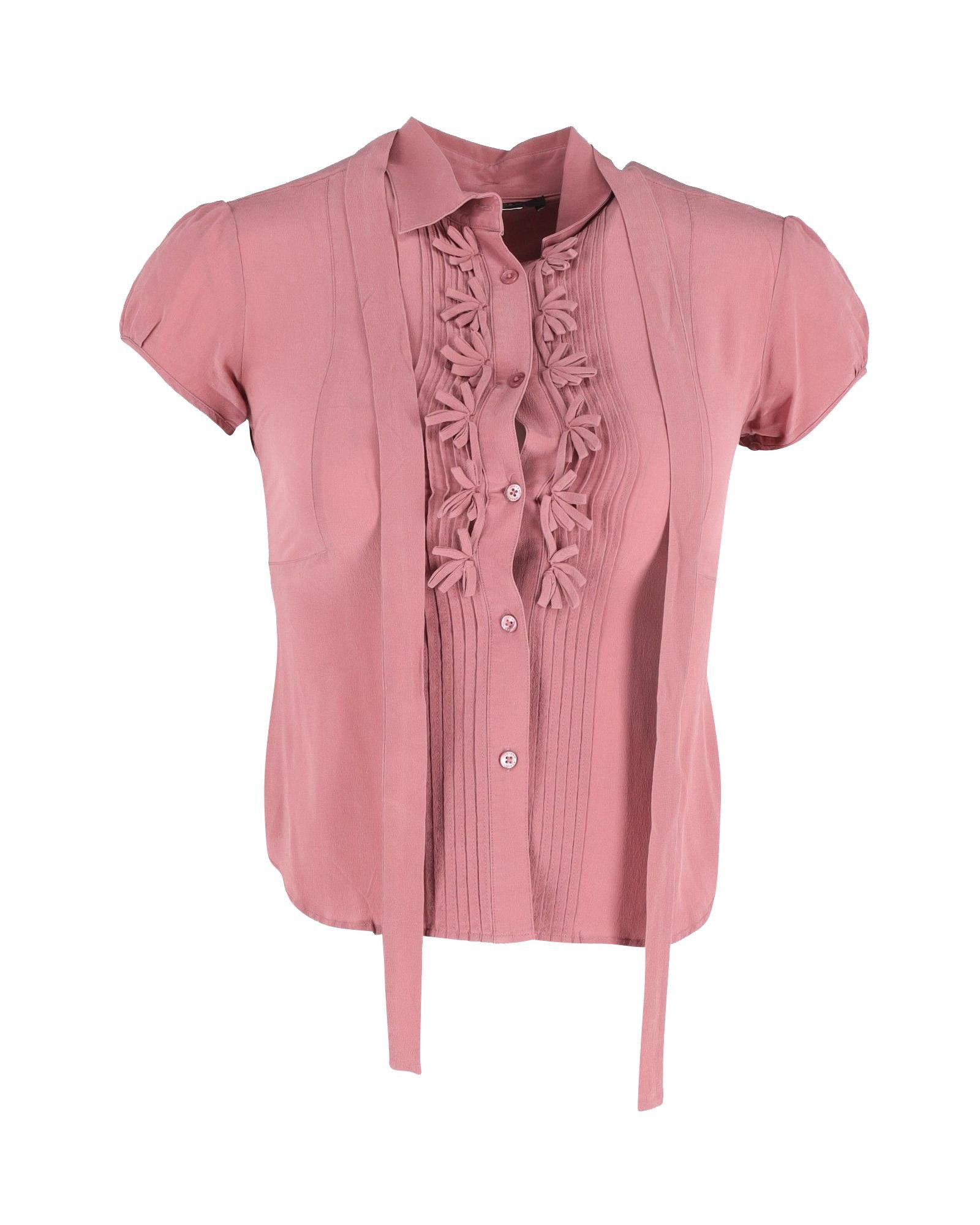 image of Pink Silk Tie-Neck Short Sleeve Blouse By Max Mara, Women's (Size XS)