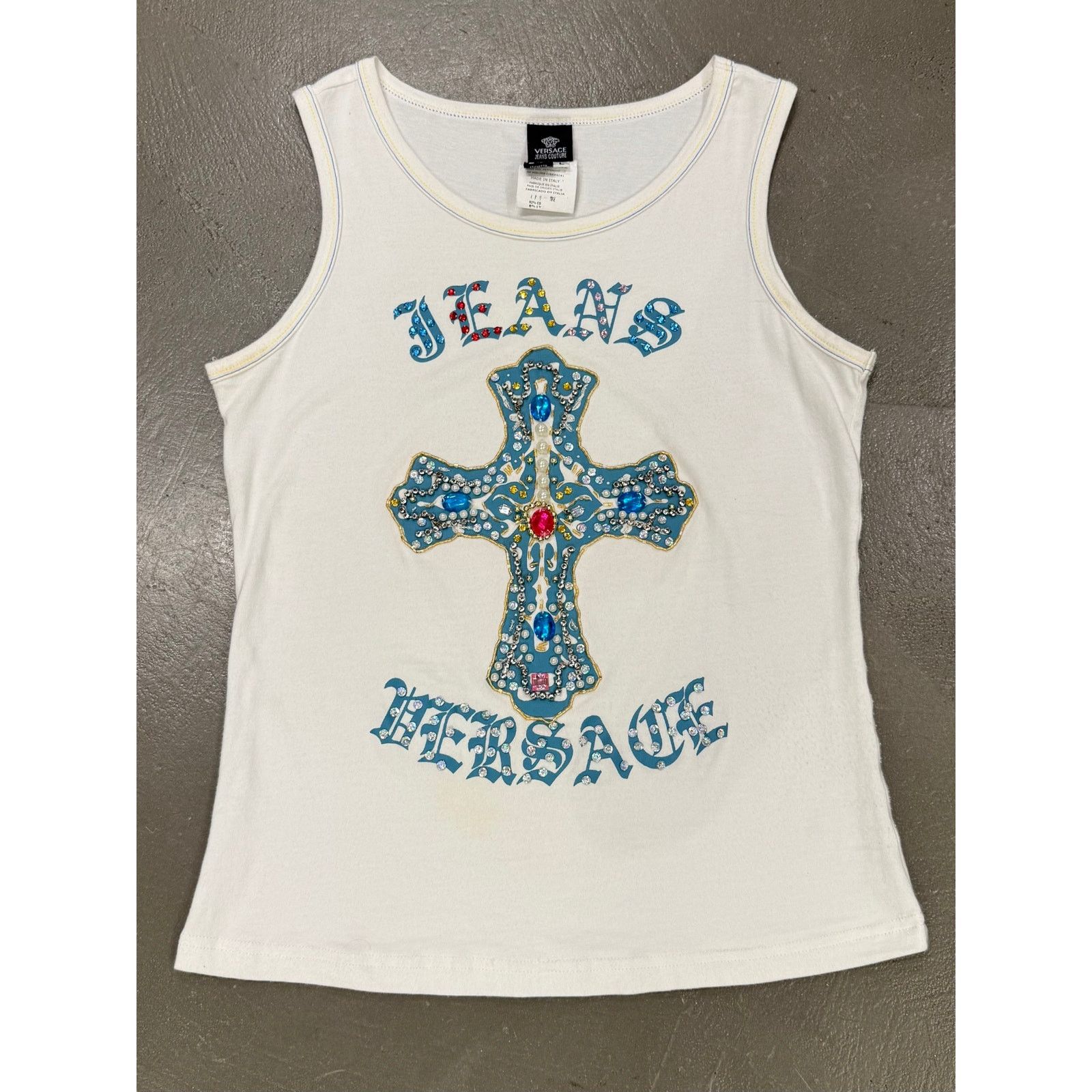 2000s Versace embellished stones cross tank top