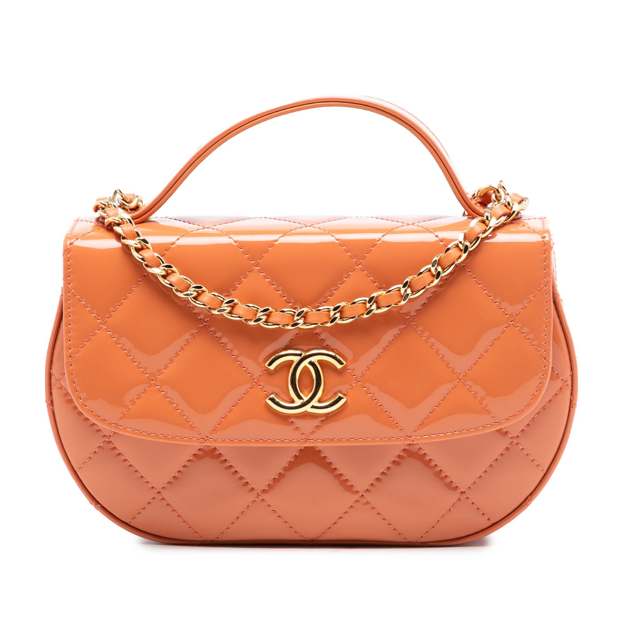 CC Quilted Patent Top Handle Phone Holder With Chain