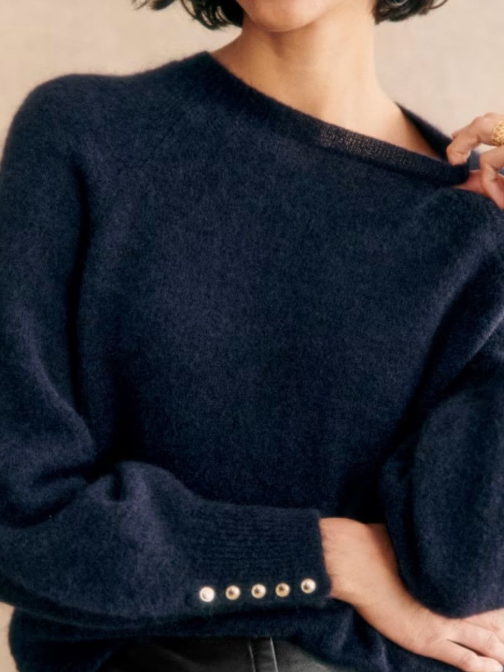 Sezane Women's Crewneck Sweater In Dark Navy With Button Cuf in Blue, Women's