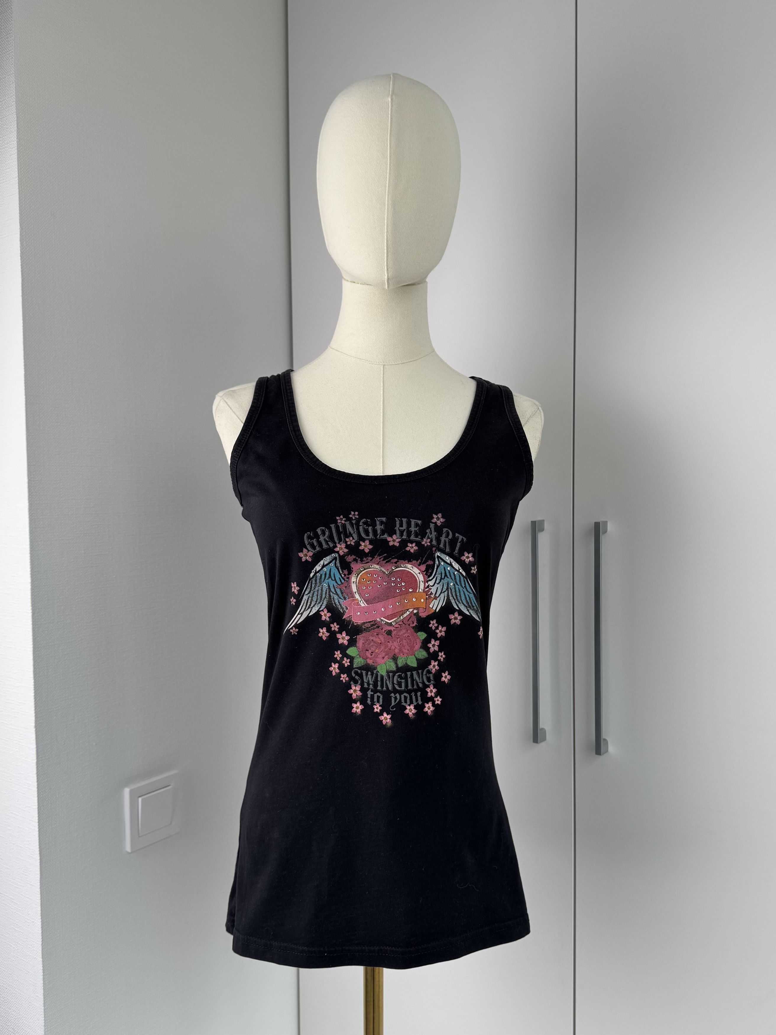Vintage Women Black Tank Top Y2K Vintage Graphic Heart Print Top Size M / US 6-8 / IT 42-44 - 1 Thumbnail