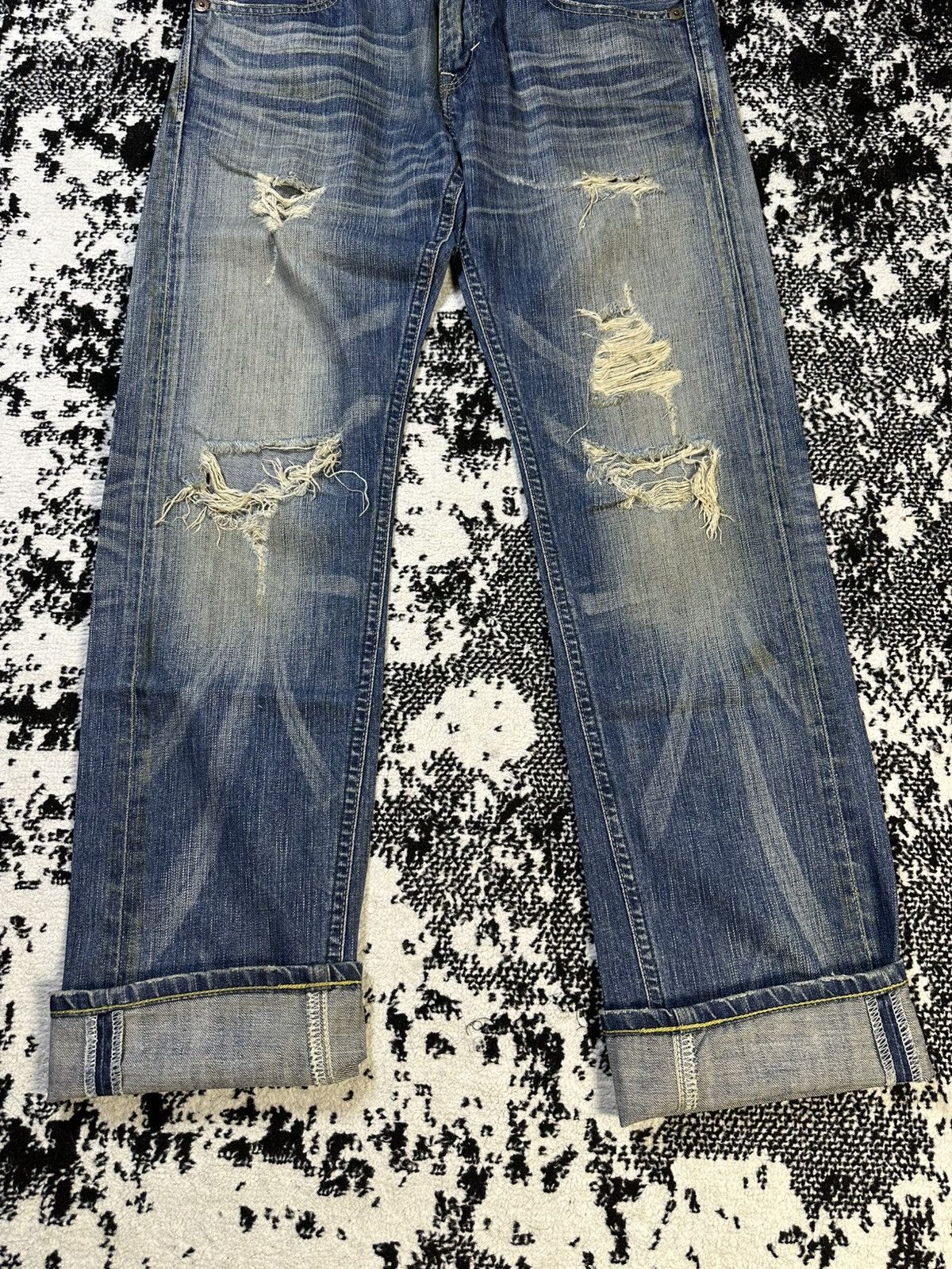 If Six Was Nine 2000s Flare Edwin 503 Blue Trip Distressed Denim Size US 30 / EU 46 - 2 Thumbnail