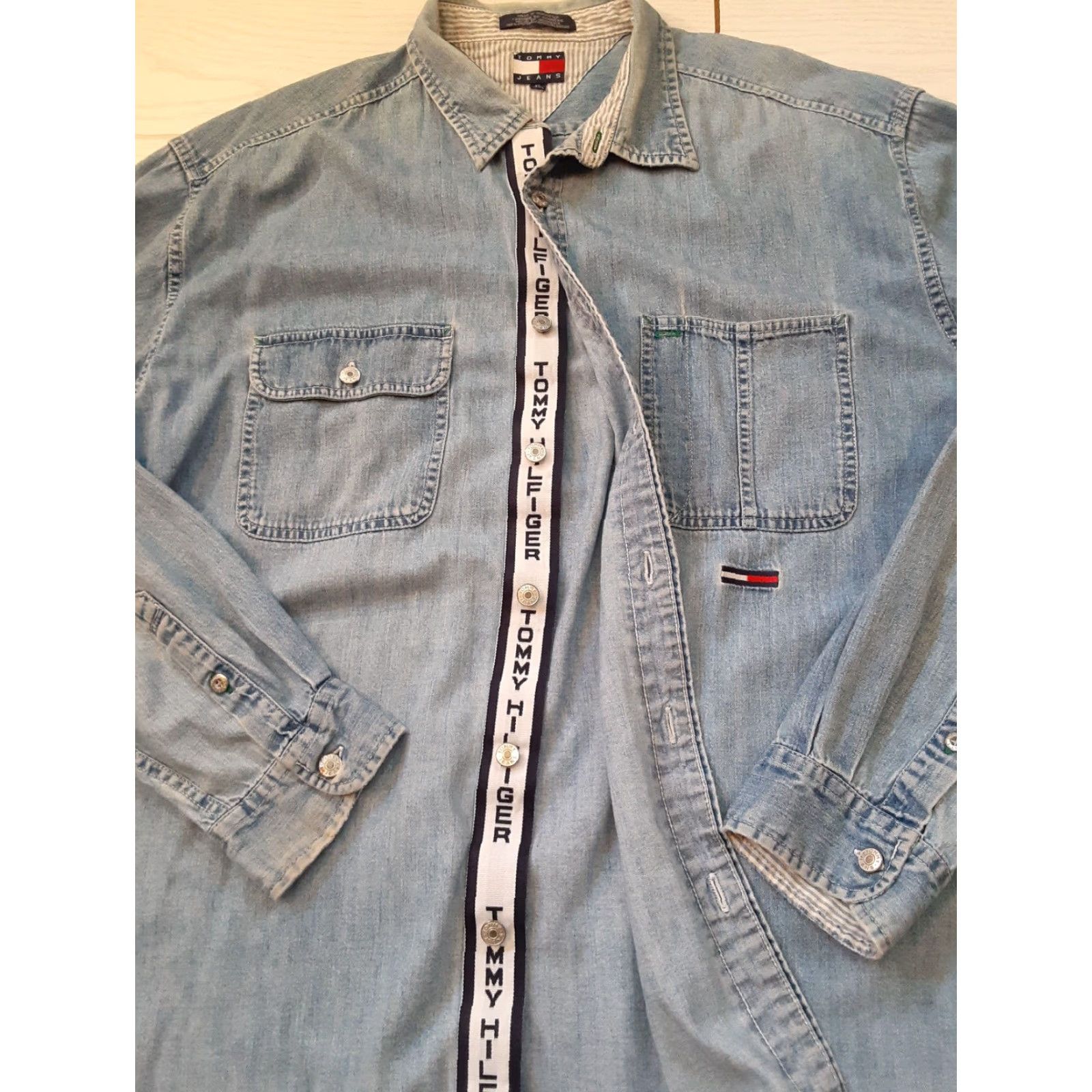 Tommy Hilfiger Tommy Hilfiger Full Metal Button X-Large Blue Jean Shirt with Tommy Strip - Button-Up, Long Sleeve, Cotton Canvas, Metal Buttons, Regular Fit, Men Size US XL / EU 56 / 4 - 4 Thumbnail