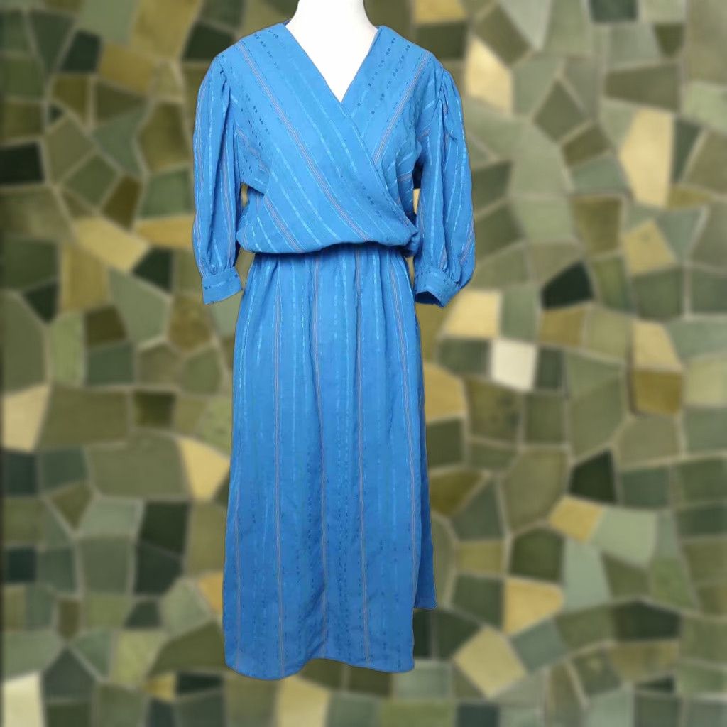 Vintage VINTAGE 80s Blue Striped Midi Blouson Dress 12 Size XL / US 12-14 / IT 48-50 - 1 Thumbnail