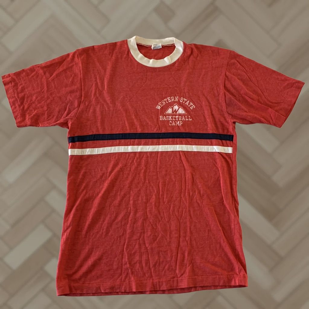 Champion VINTAGE Champion Mens Short Sleeve T-Shirt Western State Red Large 70s Ringer Shirt Size US L / EU 52-54 / 3 - 1 Thumbnail