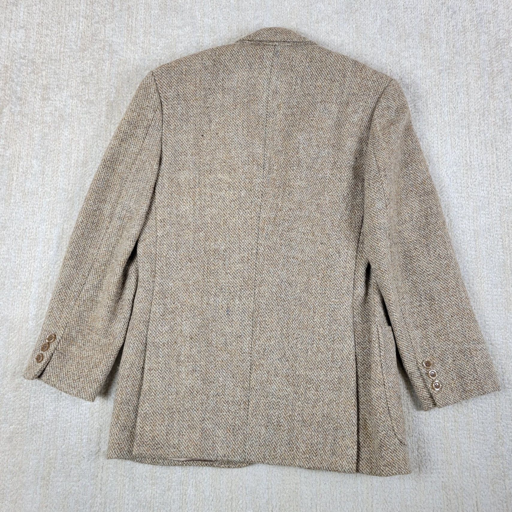 Harris Tweed VTG Harris Tweed Blazer Jacket Mens 38 Beige Herringbone Wool Lined 80s Vintage Classic Wedding Notch Single-Breasted Two-Button Size 38R - 2 Thumbnail