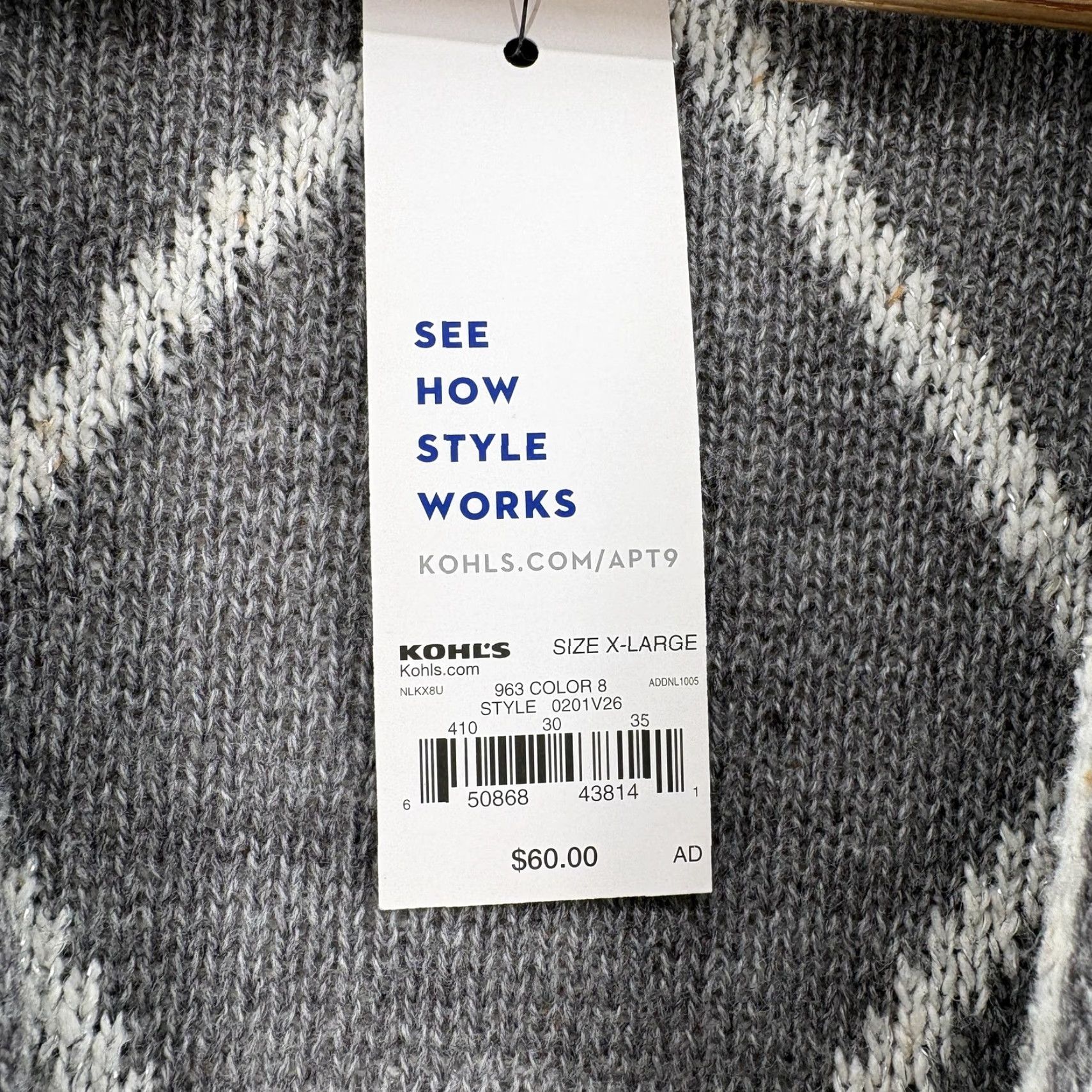 Apt. 9 APT.9 Cardigan Womens XL Gray Argyle Open Front Pockets Knit Relaxed NWT Sweater Size XL / US 12-14 / IT 48-50 - 5 Thumbnail