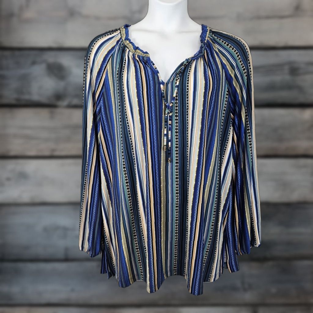 Vintage Susan Graver Womens Top Blouse 2X Blue Tan Striped Long Sleeve Graphic Pattern Polyester Spandex N/A Size XXL / US 16-18 / IT 52-54 - 1 Thumbnail