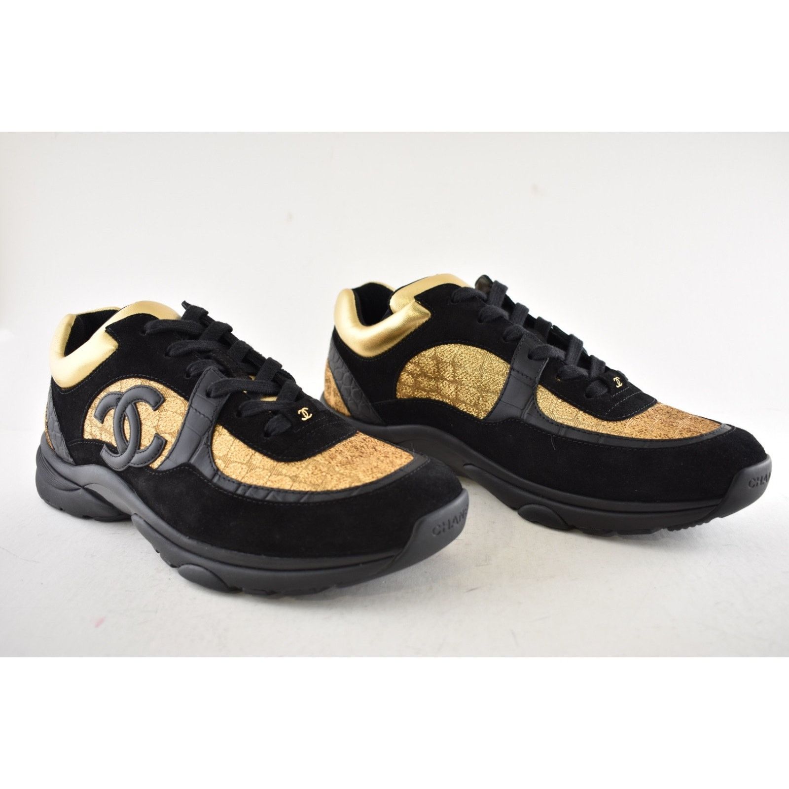 Chanel Chanel 19A Mens Black Gold Croc Suede CC Logo Low Top Size US 11 / EU 44 - 4 Thumbnail