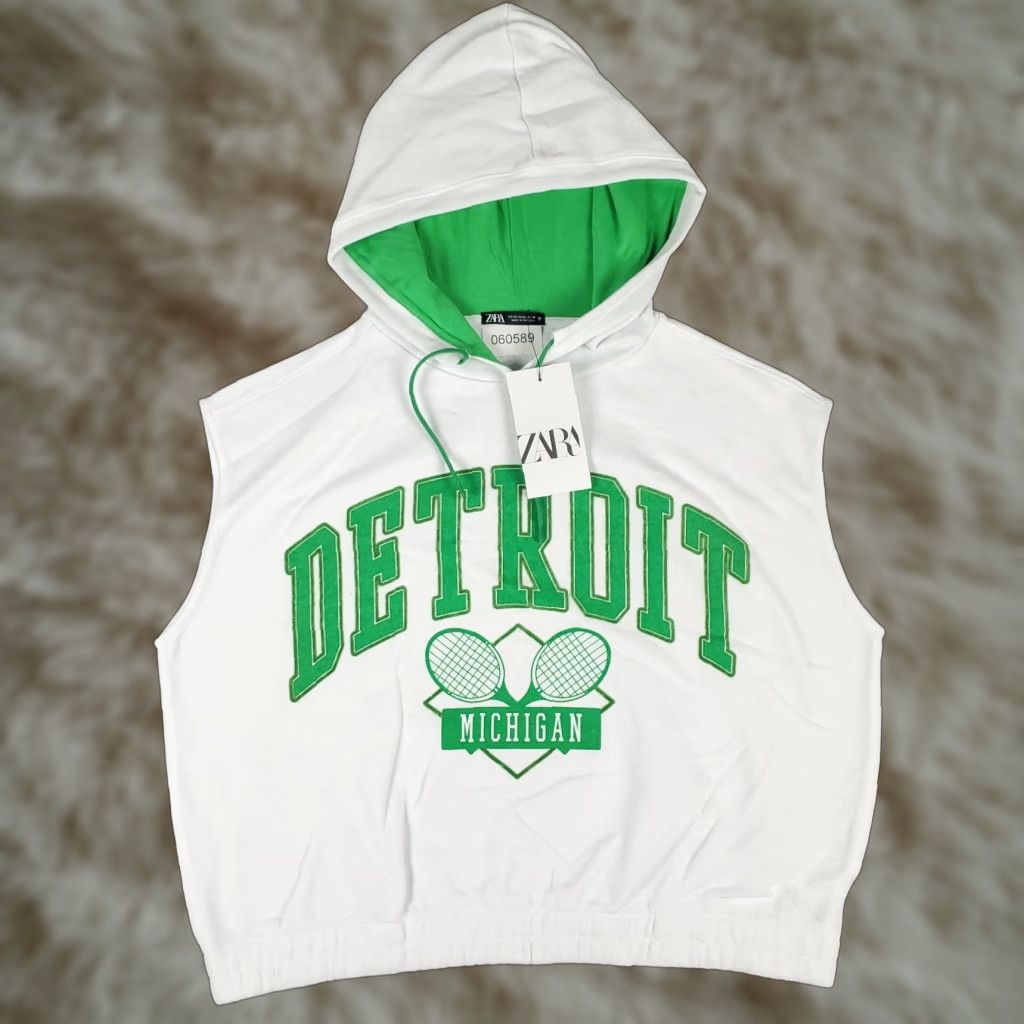 Zara VINTAGE Zara Hoodie Womens Medium Casual Pullover Sleeveless Cotton Blend White Green Detroit Sports Activewear Size M / US 6-8 / IT 42-44 - 1 Thumbnail