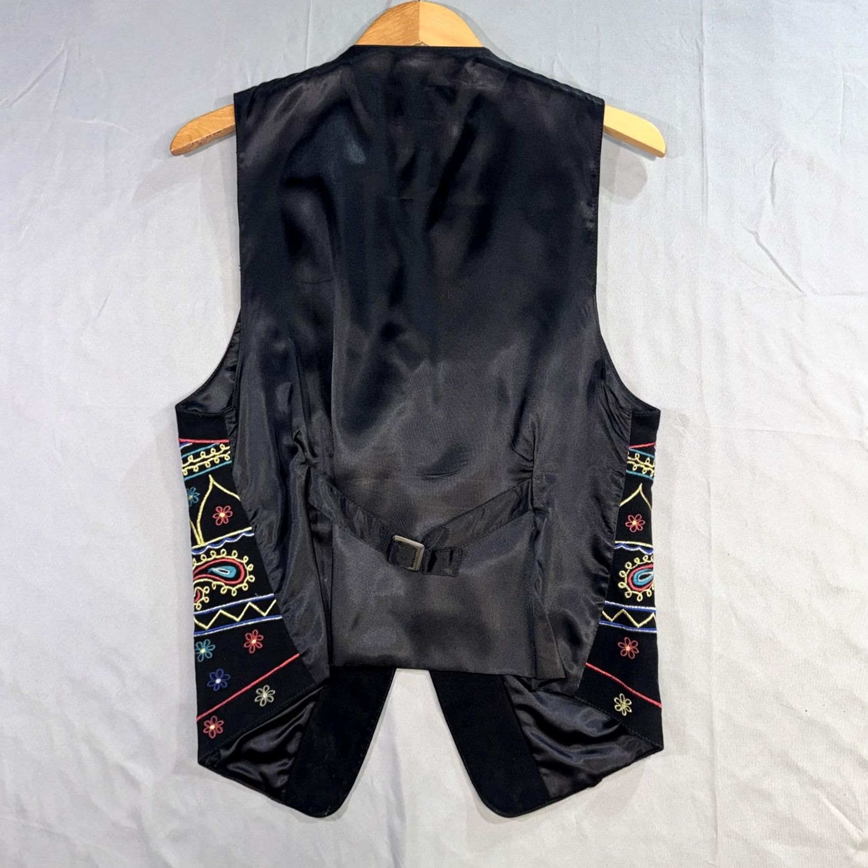 Terez Erez Levy Suit Vest Mens Small Black Leather Embroidered Paisley Multicolor Boho Size 36R - 2 Thumbnail