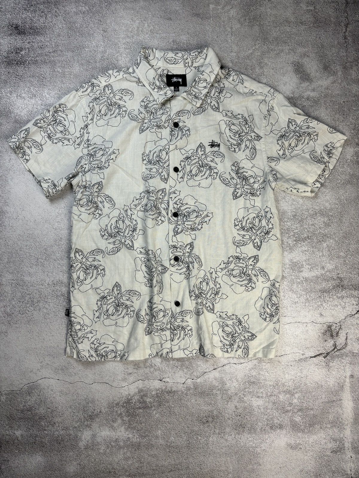 Image of Crazy Shirts x Stussy Overprint Floral Button Up Shirt in White, Men's (Size Small)