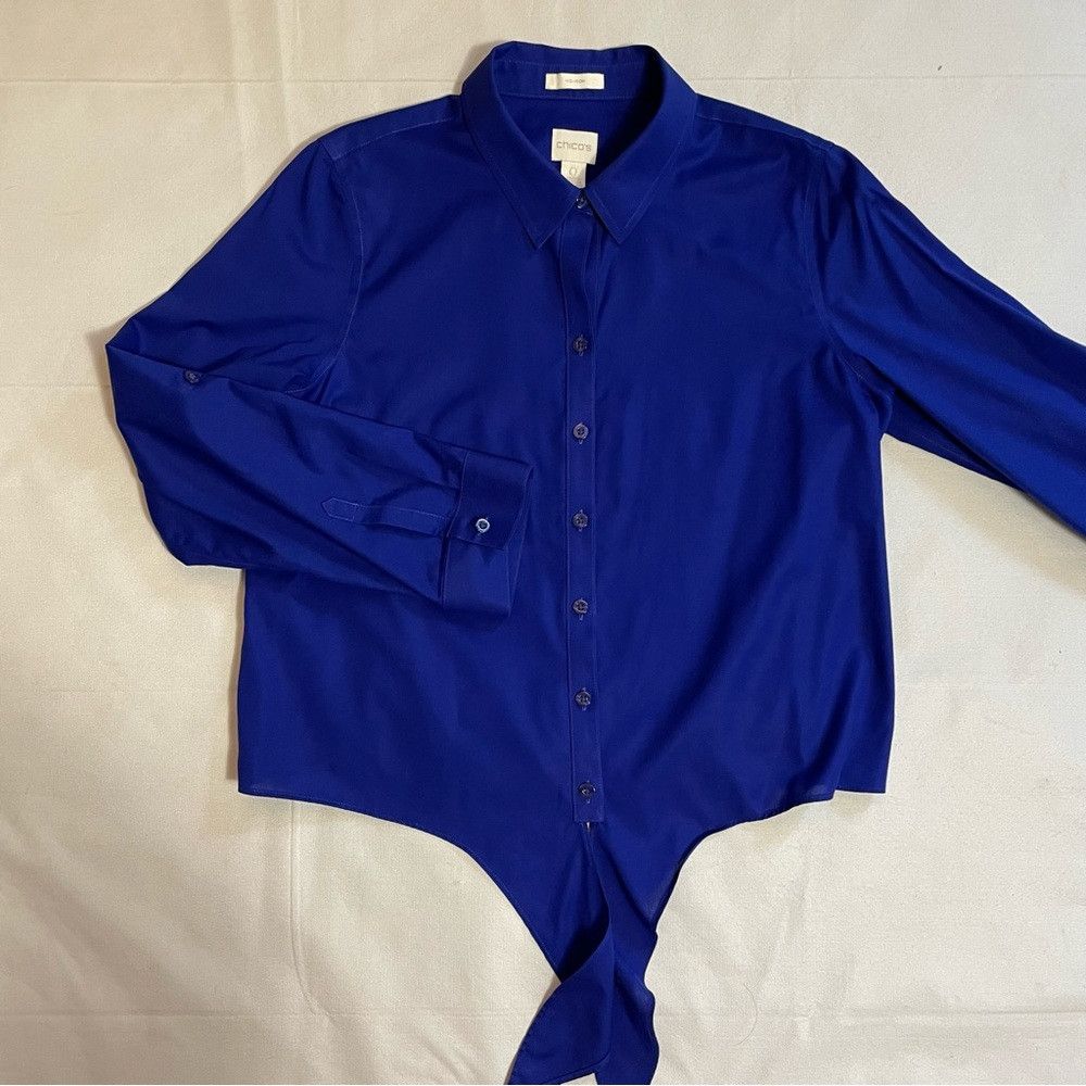 Chicos Chico's No-Iron Cotton Tie-Front Blue Shirt Size 0 US S Size S / US 4 / IT 40 - 3 Thumbnail