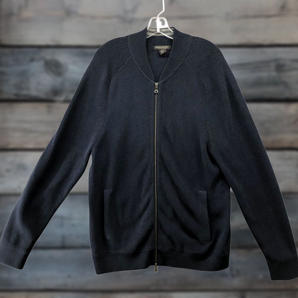 Banana Republic Banana Republic Full Zip Sweater Mens L Navy Blue Supima Cotton Blend Knit Band Collar Casual Fall Winter Mens L Blue Satin Not Applicable Size US L / EU 52-54 / 3 - 1 Thumbnail