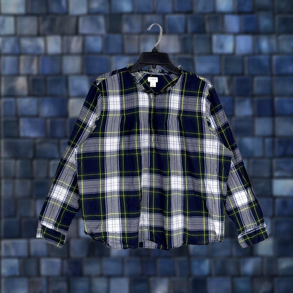 J.Crew J.Crew Shirt Womens 18 Blue Plaid Ruffle Neck Henley Long Sleeve Cotton Picnic Size XXL / US 16-18 / IT 52-54 - 1 Thumbnail