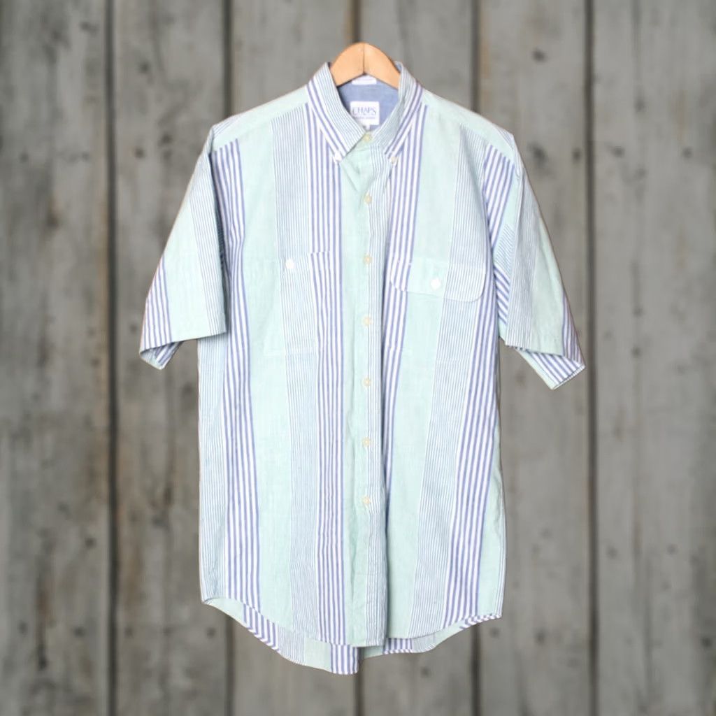 Chaps VINTAGE Chaps RALPH LAUREN Striped Oxford Shirt S/S Button Front MT Blue Green White Cotton Men Button-Up Chest 22.5" 32.5" MT Womens Mens Size US M / EU 48-50 / 2 - 1 Thumbnail