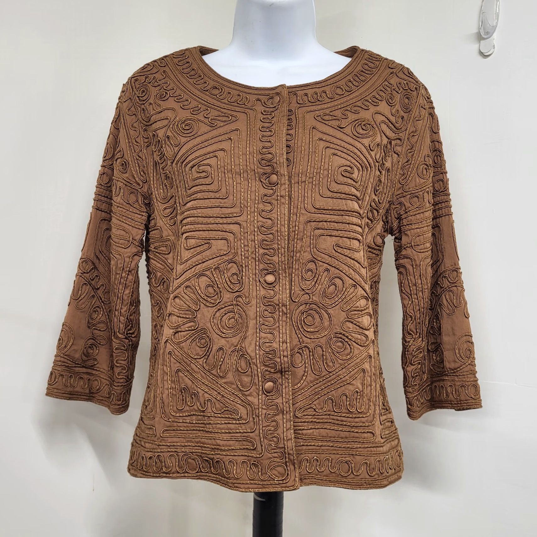 Vintage Joni B. Jacket Women's Small Brownish Gold Lined Split Sleeve Fabric Trim Button Size S / US 4 / IT 40 - 4 Thumbnail