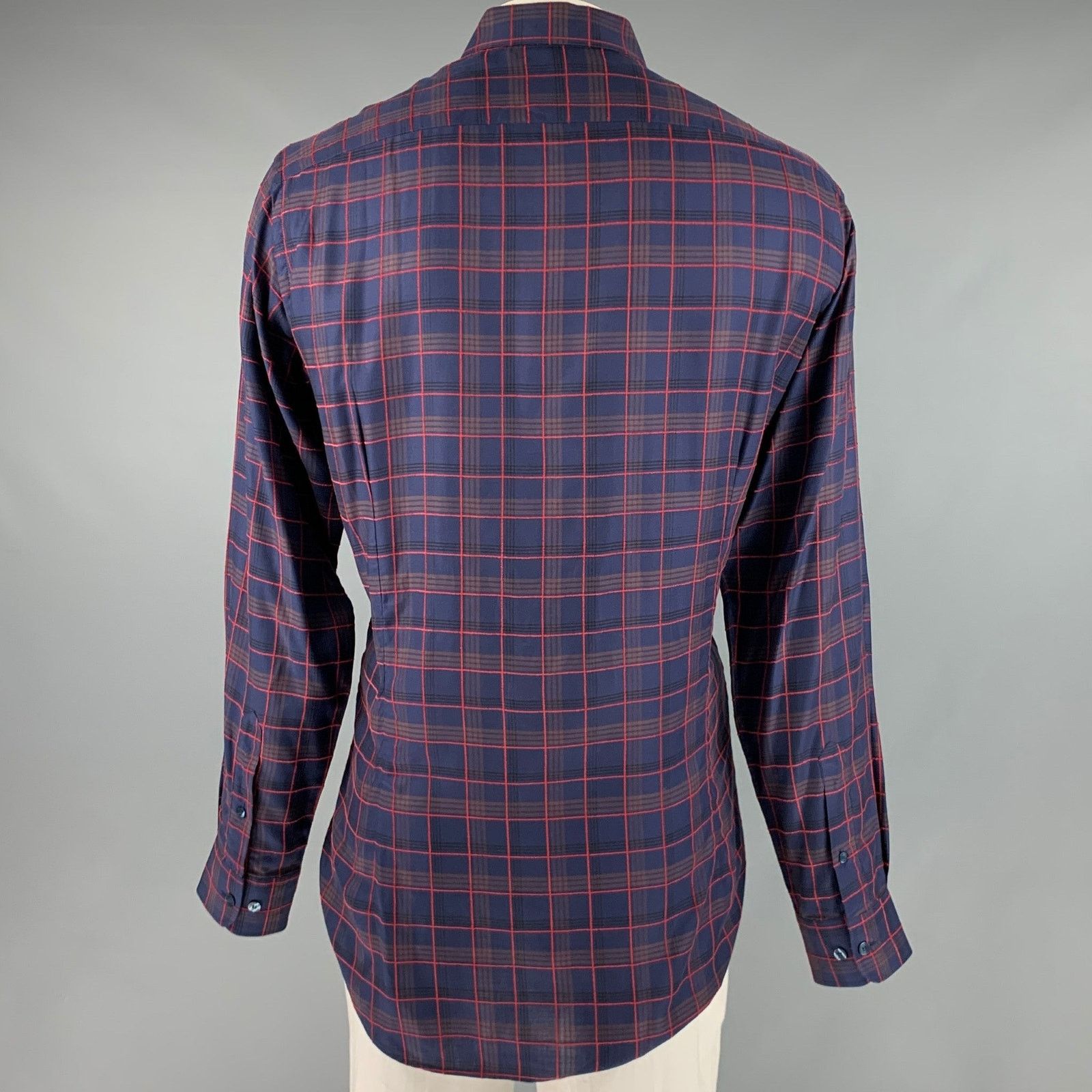 Etro XL Navy Red Plaid Lyocel Cotton Button Up Long Sleeve Shirt Size US XL / EU 56 / 4 - 4 Thumbnail