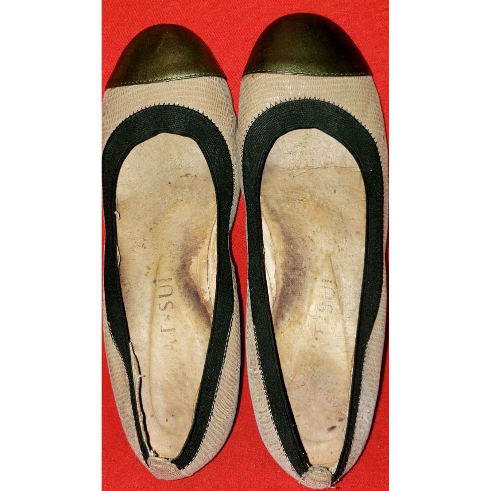 Vintage At-Sui Women's Ballet Flats US 6 Tan Leather Gold Toe Cap Elastic Edge Flat Slip On Shoes Size ONE SIZE - 6 Thumbnail