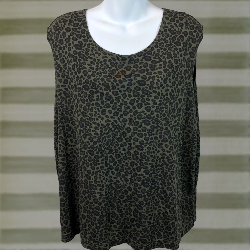Vintage Vintage Sleeveless Top 1X Green Leopard cheetah Scoopneck Rayon Knit 90s Glam Size XL / US 12-14 / IT 48-50 - 1 Thumbnail