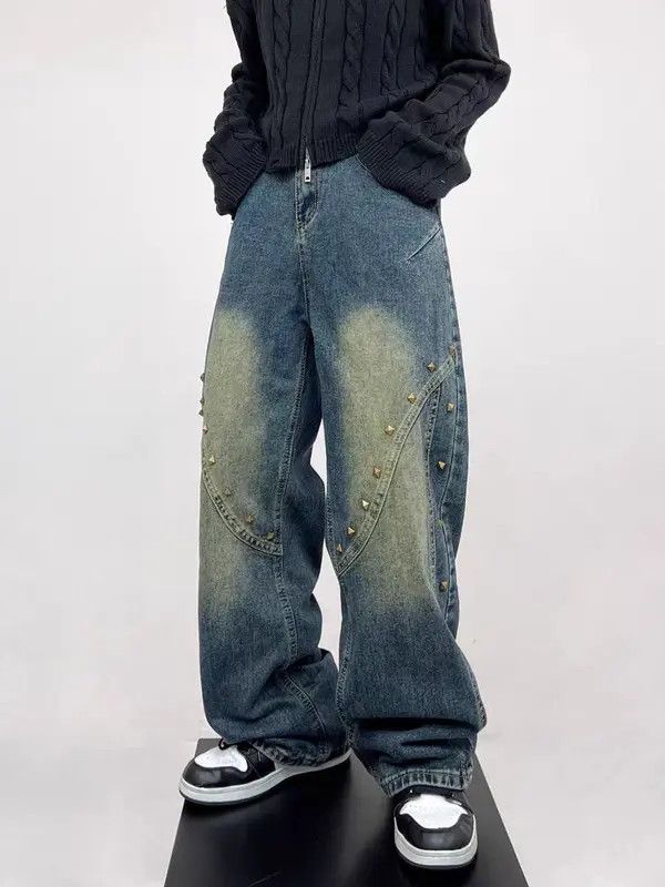 Japanese Brand VIBE Street hip-hop rivet washed contrast patchwork jeans Size US 32 / EU 48 - 5 Thumbnail