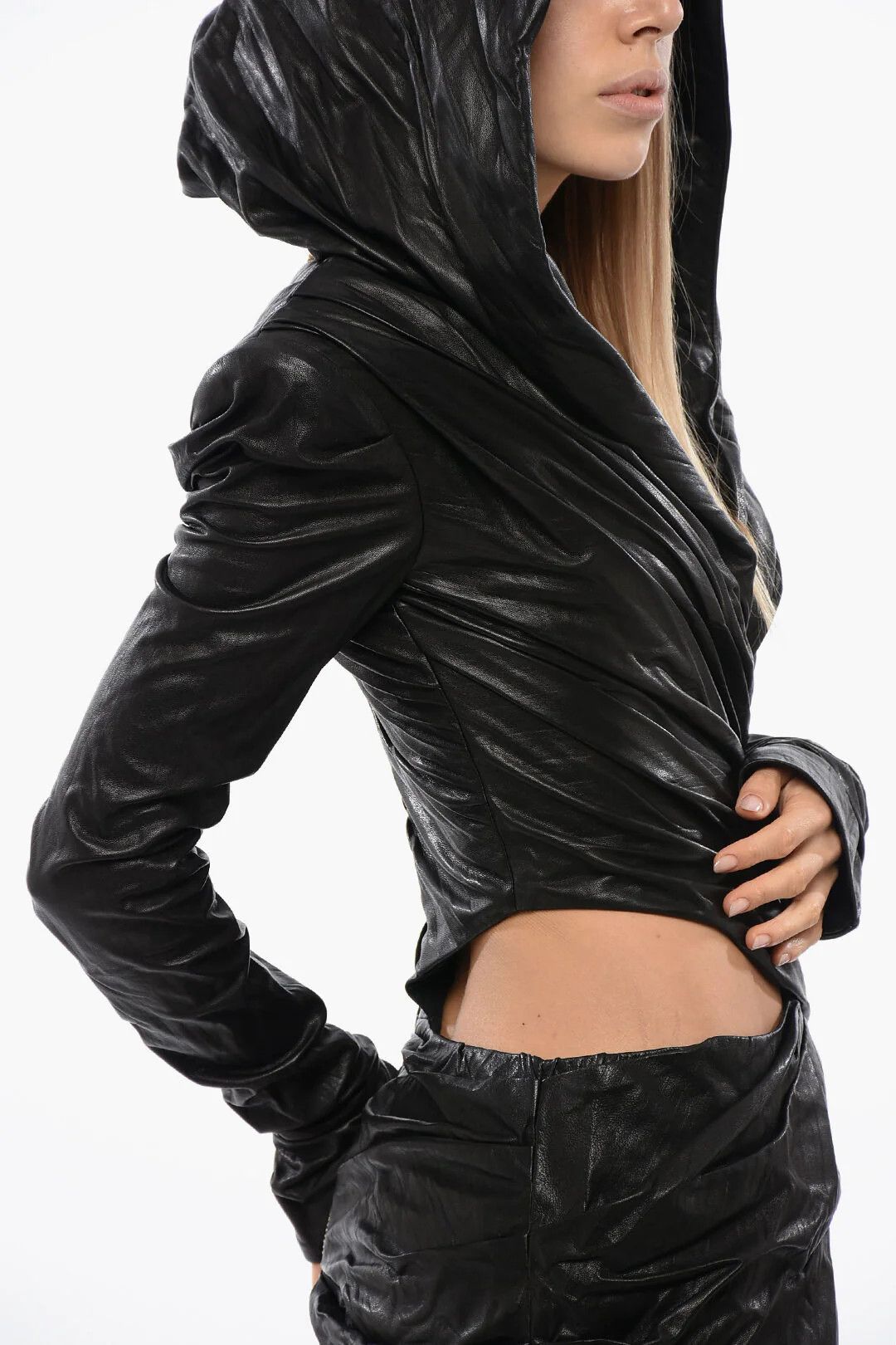 Balmain og1mm0326 Asymmetric Long-Sleeve Leather Dress in Black Size M / US 6-8 / IT 42-44 - 4 Thumbnail