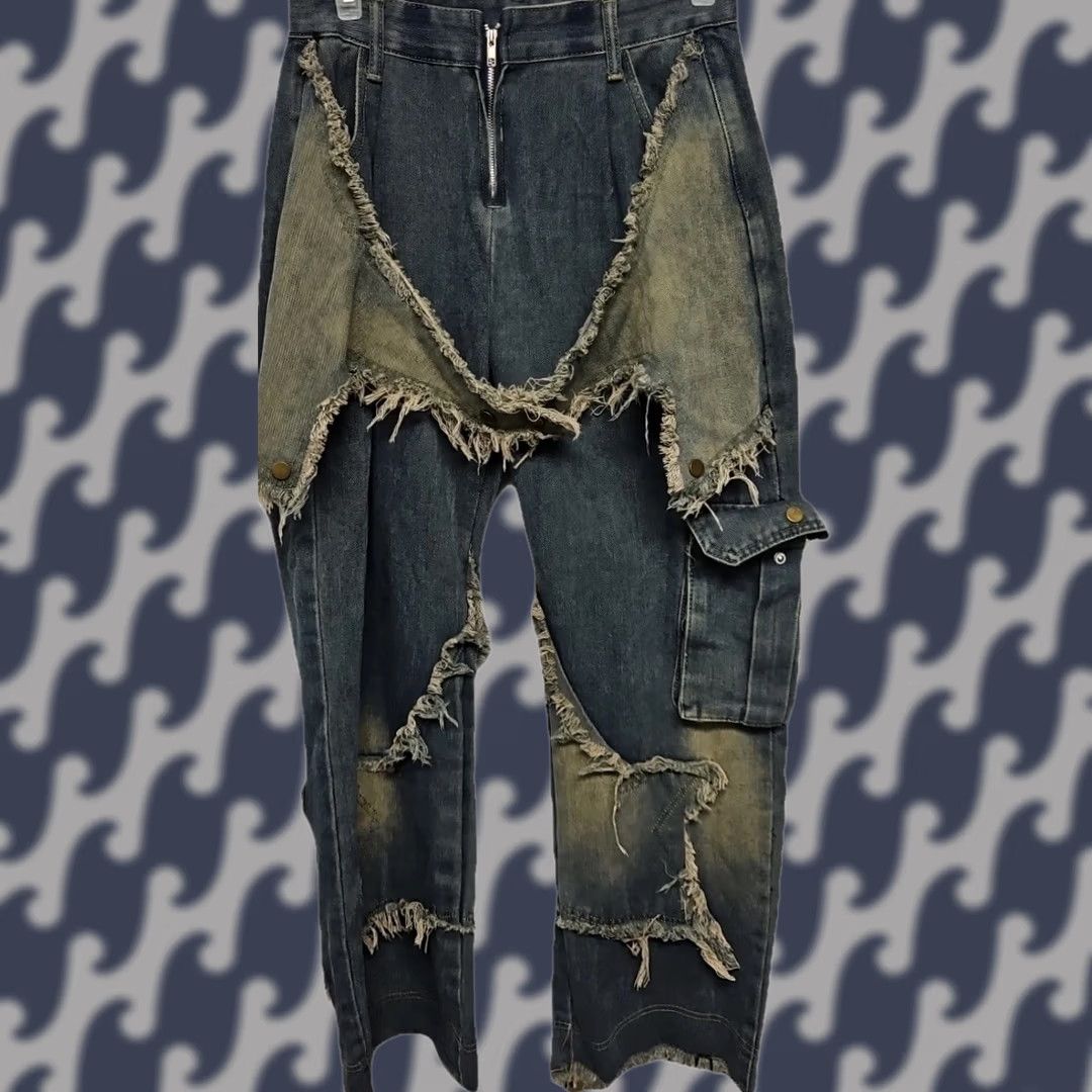Vintage Aelfric Eden Baggy Cargo Jeans Raw Hem Patchwork Star Size S Blue Distressed Mens Size US 29 - 1 Thumbnail