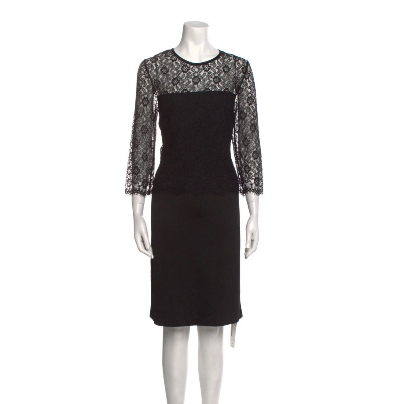 ST. JOHN black lace 3/4 sleeve classic scalloped dress