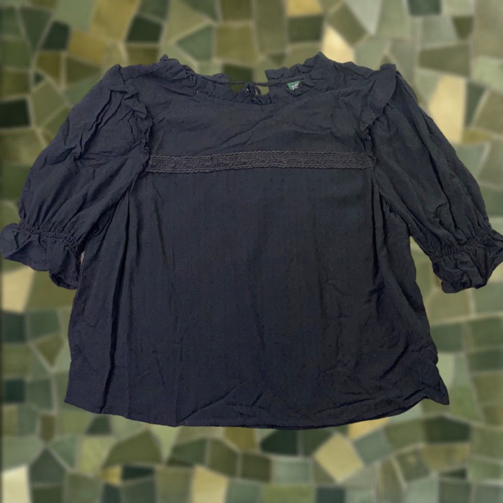 Vintage Wild Fable Shirt Adult Medium Black 3/4 Sleeve Ruffle Keyhole Neck Back Blouse Rayon Casual Womens Size M / US 6-8 / IT 42-44 - 1 Thumbnail