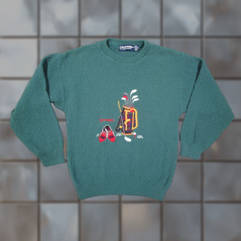 Vintage VINTAGE bernette SCOTTISH ISLE Men's green crew neck long sleeve pullover sweater Embroidered golf scene on front 100% cotton Made in USA Size US M / EU 48-50 / 2 - 1 Thumbnail