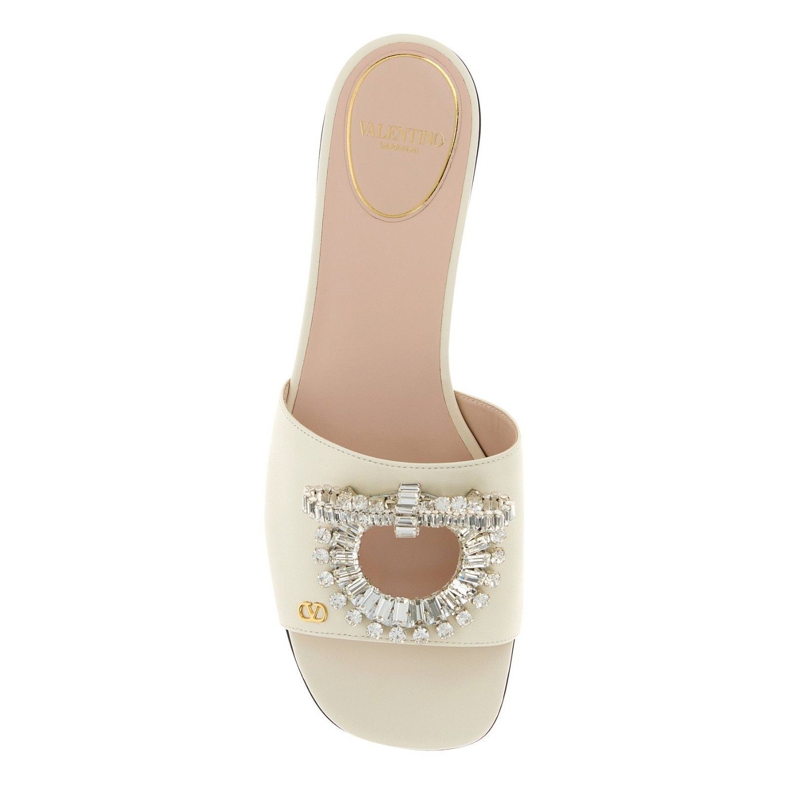 VALENTINO GARAVANI Rhinestone Jewel White Ivory Leather Slip