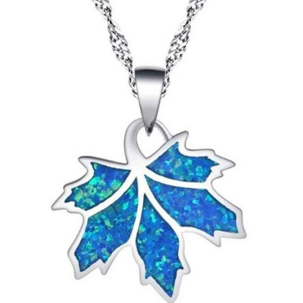 Designer Blue Opal Maple Leaf Pendant Silver Nature Necklace Size ONE SIZE - 2 Thumbnail