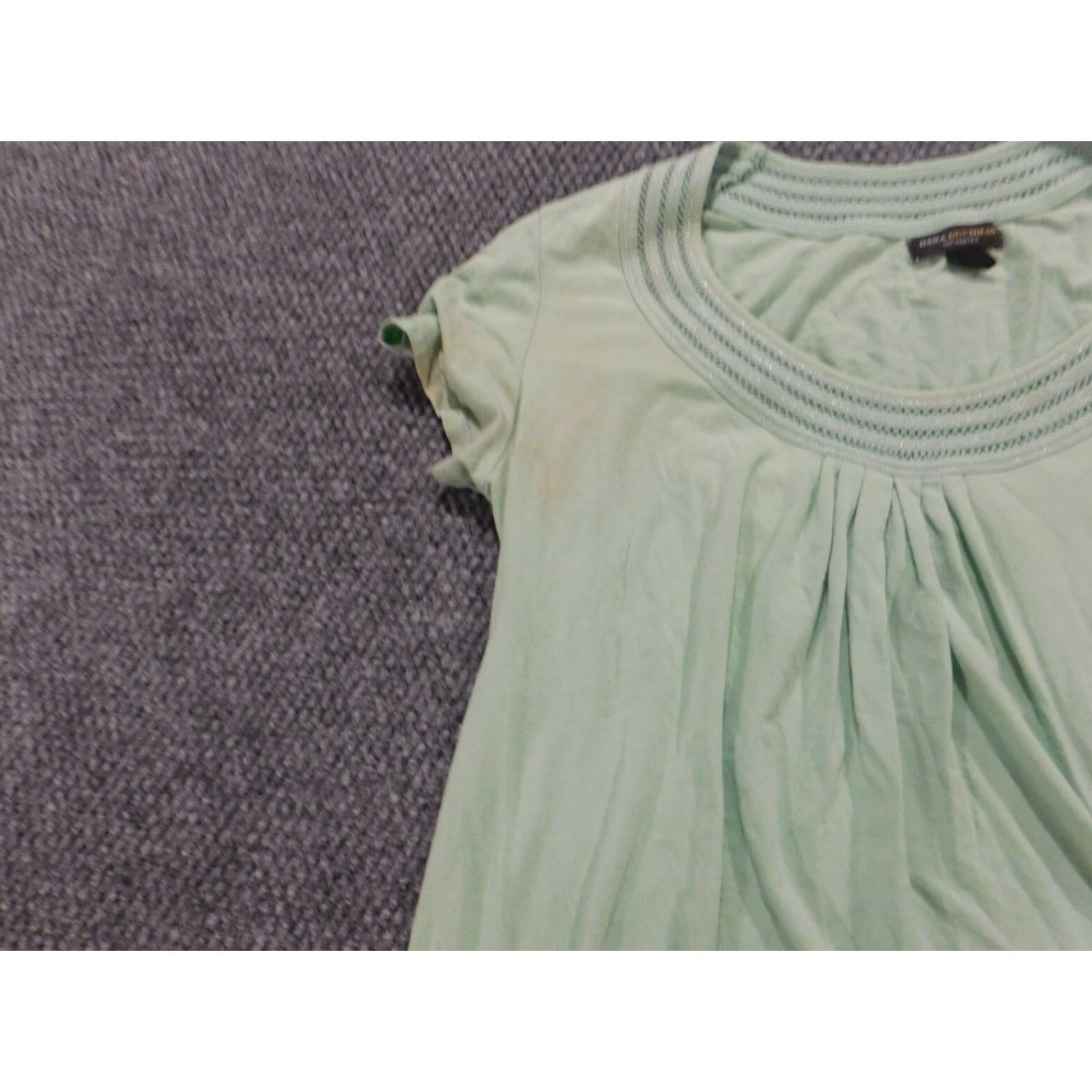 Vintage Dana Buchman Blouse Womens Medium Green Pullover Short Sleeve Round Neck Cotton Rayon Geometric Pattern Ruffle Stretch Casual Regular Vintage No Size M / US 6-8 / IT 42-44 - 4 Thumbnail