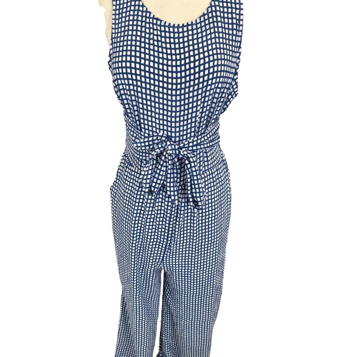 Vintage LUSH Check Jumpsuit One-Piece Crepe Sleeveless Medium White Blue Wide Leg Womens M Size 32" / US 10 / IT 46 - 2 Thumbnail