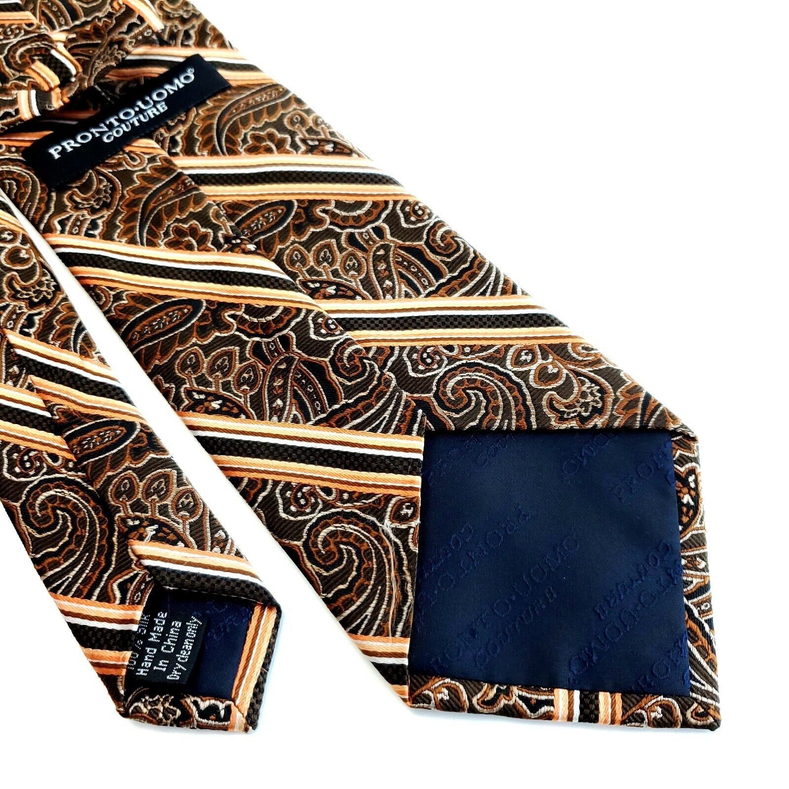 Pronto Uomo Pronto Uomo Couture Paisley Striped Brown Woven Silk Tie Size ONE SIZE - 5 Thumbnail