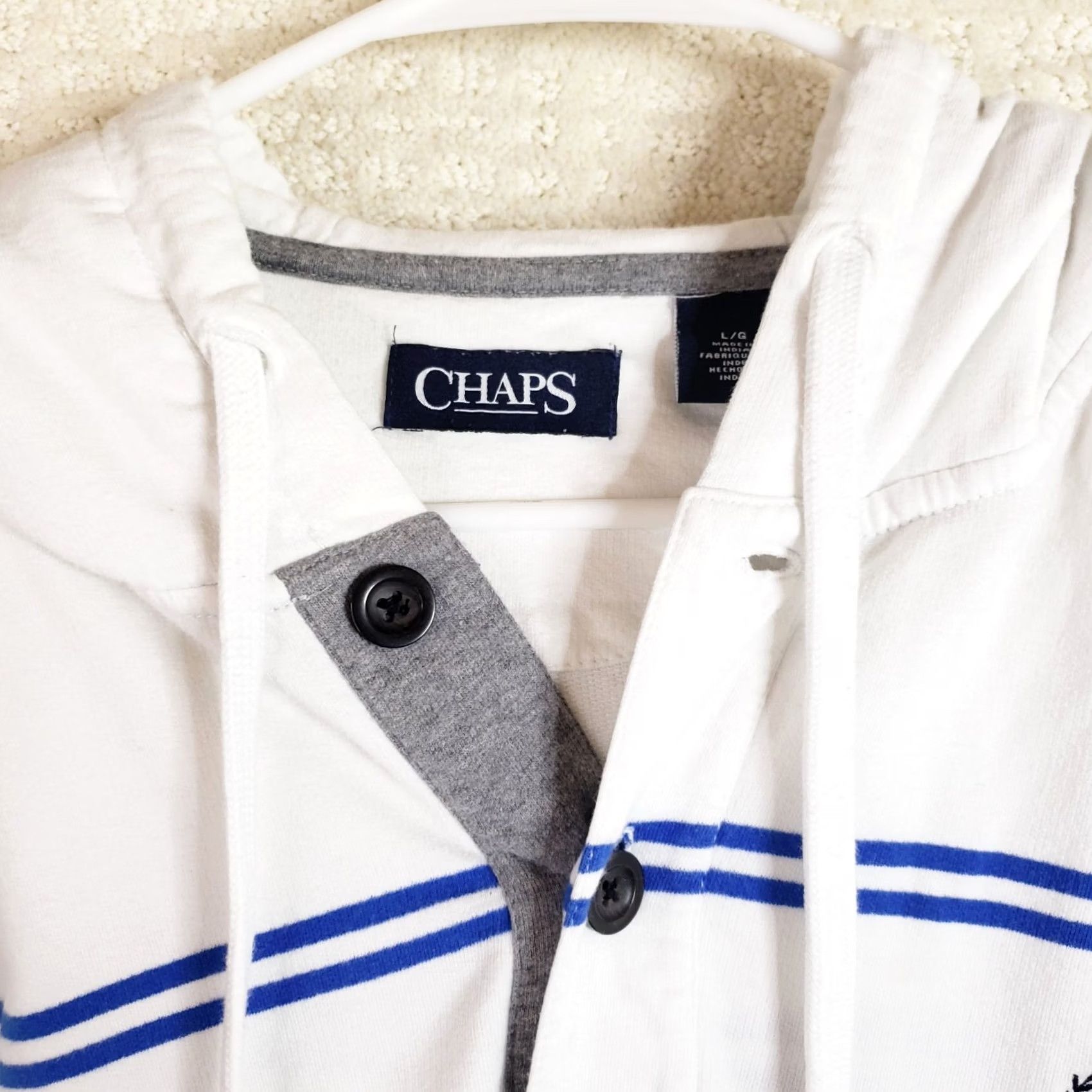 Chaps Chaps Men's L White Blue Navy Striped Cotton Blend Long Sleeve Pullover Hoodie Size US L / EU 52-54 / 3 - 5 Thumbnail