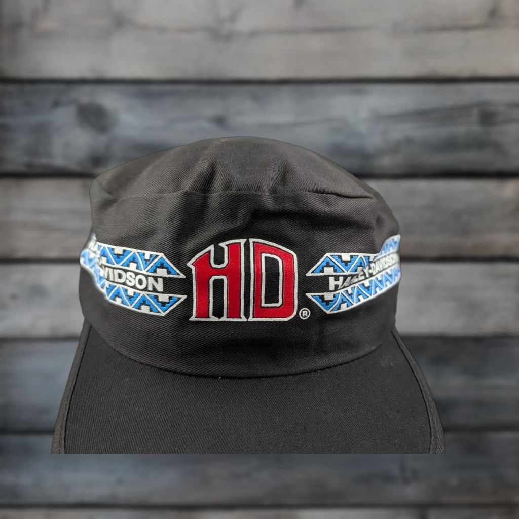 Harley Davidson VINTAGE Harley-Davidson Painters Hat Cap Aztec Pattern Black OSFM USA Made Unisex Adults One Size Painters Hat Biker Retro 70s 80s Deadstock Size ONE SIZE - 1 Thumbnail