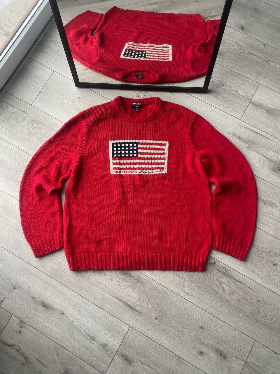 Pre-owned Polo Ralph Lauren X Vintage Polo Ralph Laurent Flag Heavy Knit Y2k Sweater Xl In Red