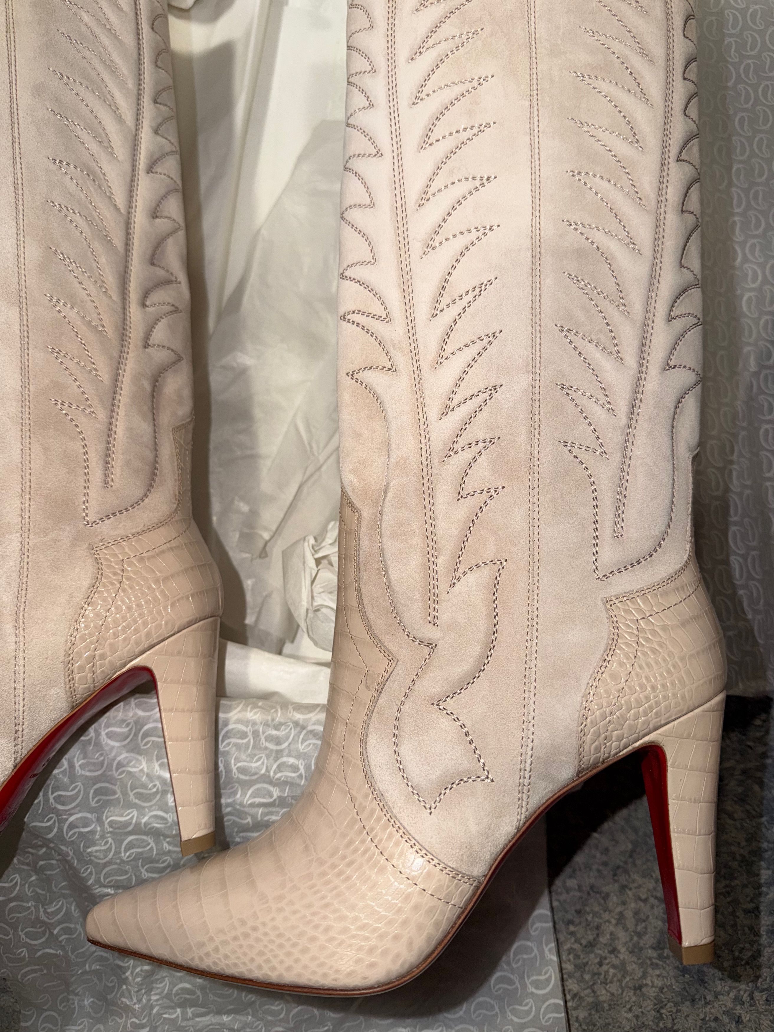Christian Louboutin Santia Botta 85 Pearl Beige Western Knee High Heel Boot 38 Size US 8 / IT 38 - 15 Thumbnail
