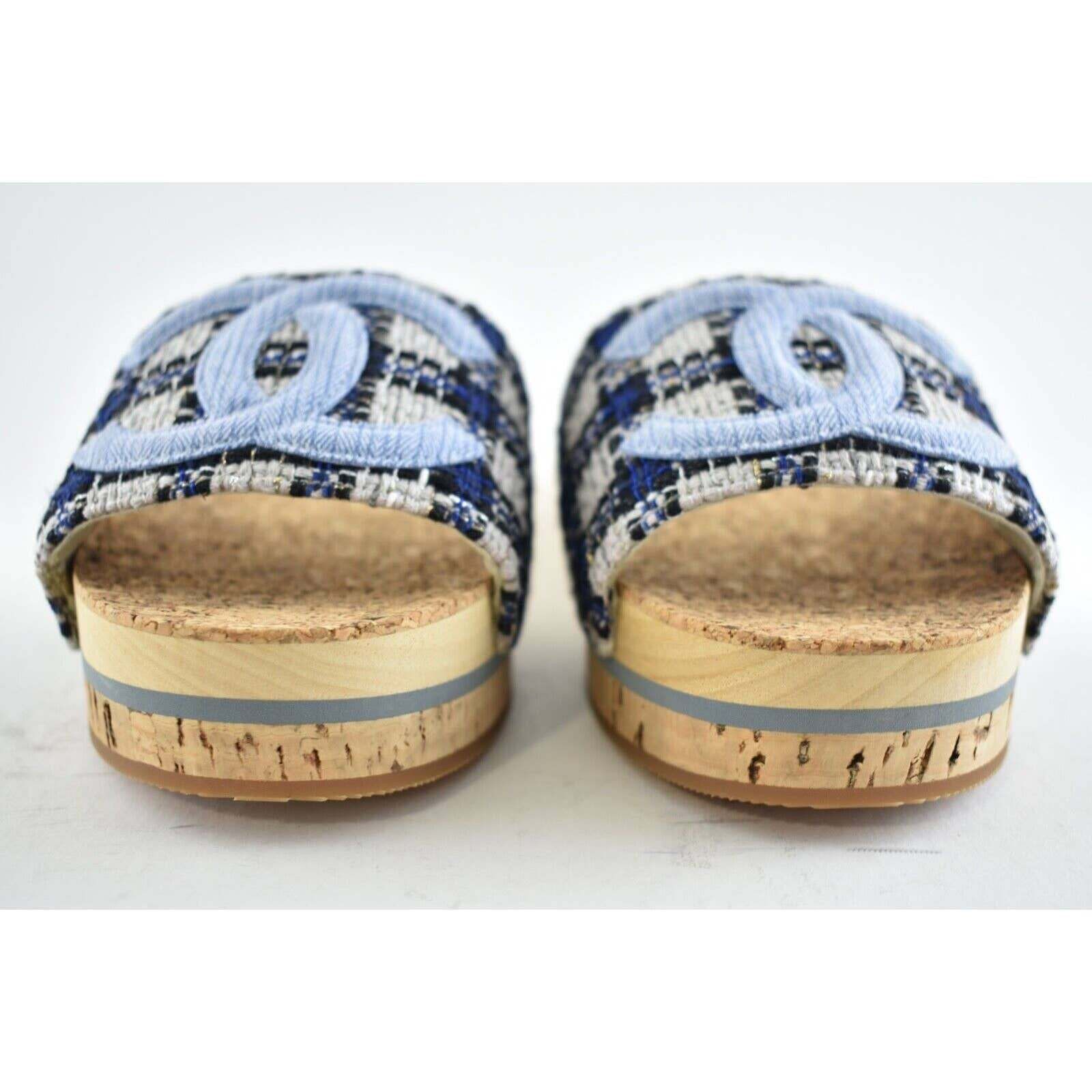 Chanel Chanel 20P Blue Tweed Denim CC Logo Cork Mule Slide Slip Size US 11 / IT 41 - 4 Thumbnail