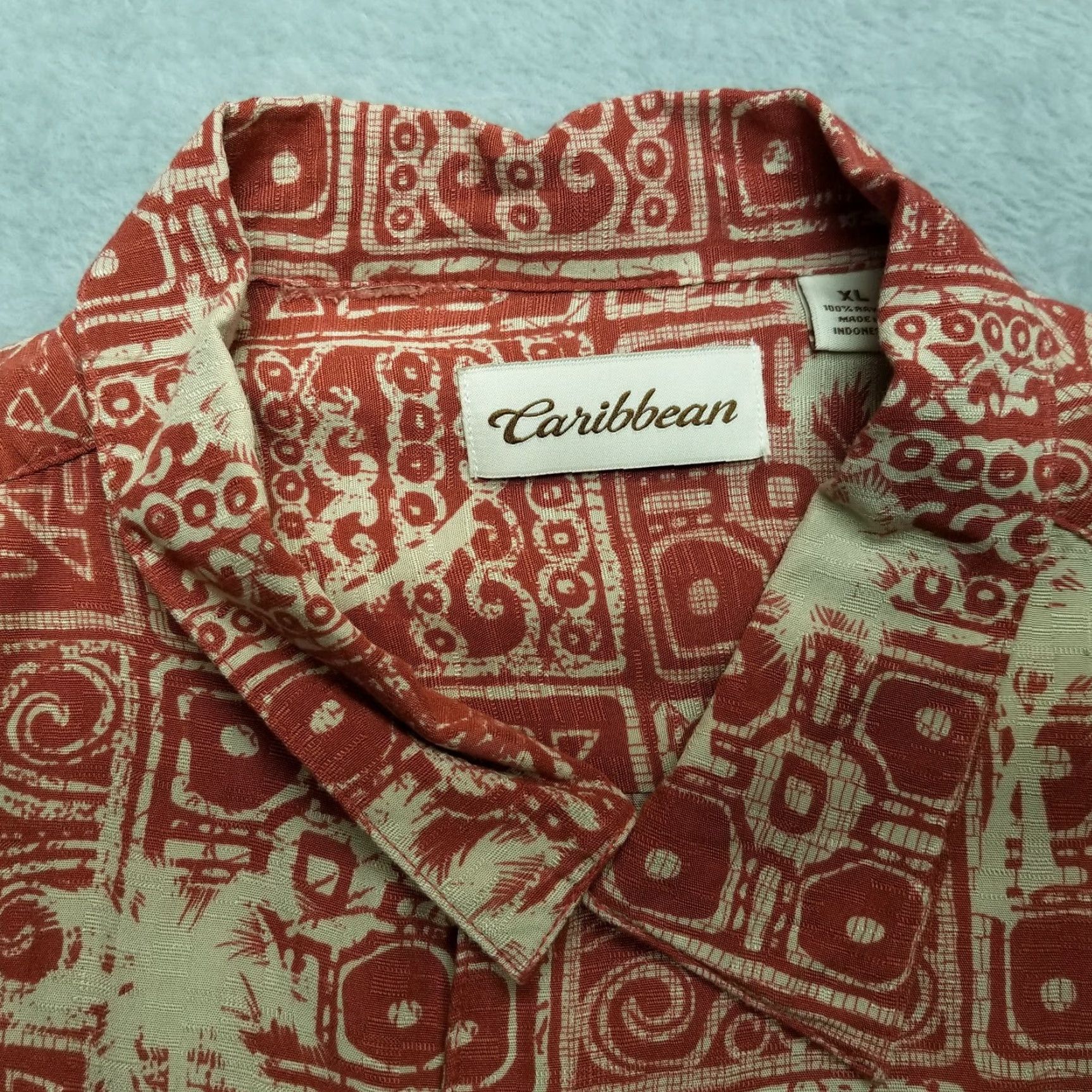 Vintage Caribbean Shirt Mens XL Red Beige Hawaiian 100% Rayon Travel Outdoor Button-Up Short Sleeve Collared Viscose Casual USA Size US XL / EU 56 / 4 - 4 Thumbnail