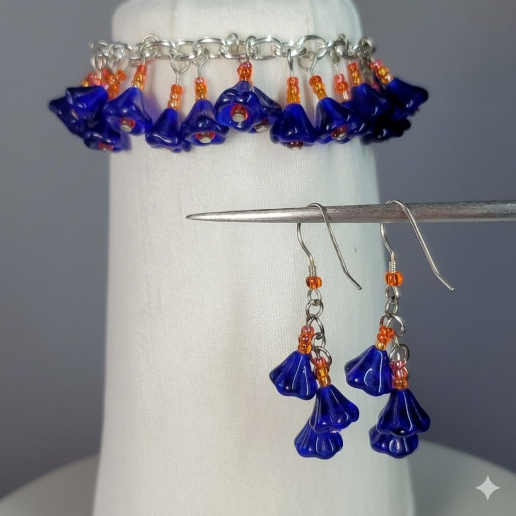 Handmade Flower 6.75" Charm Bracelet Earrings Handmade Blue Glass Size ONE SIZE - 3 Thumbnail