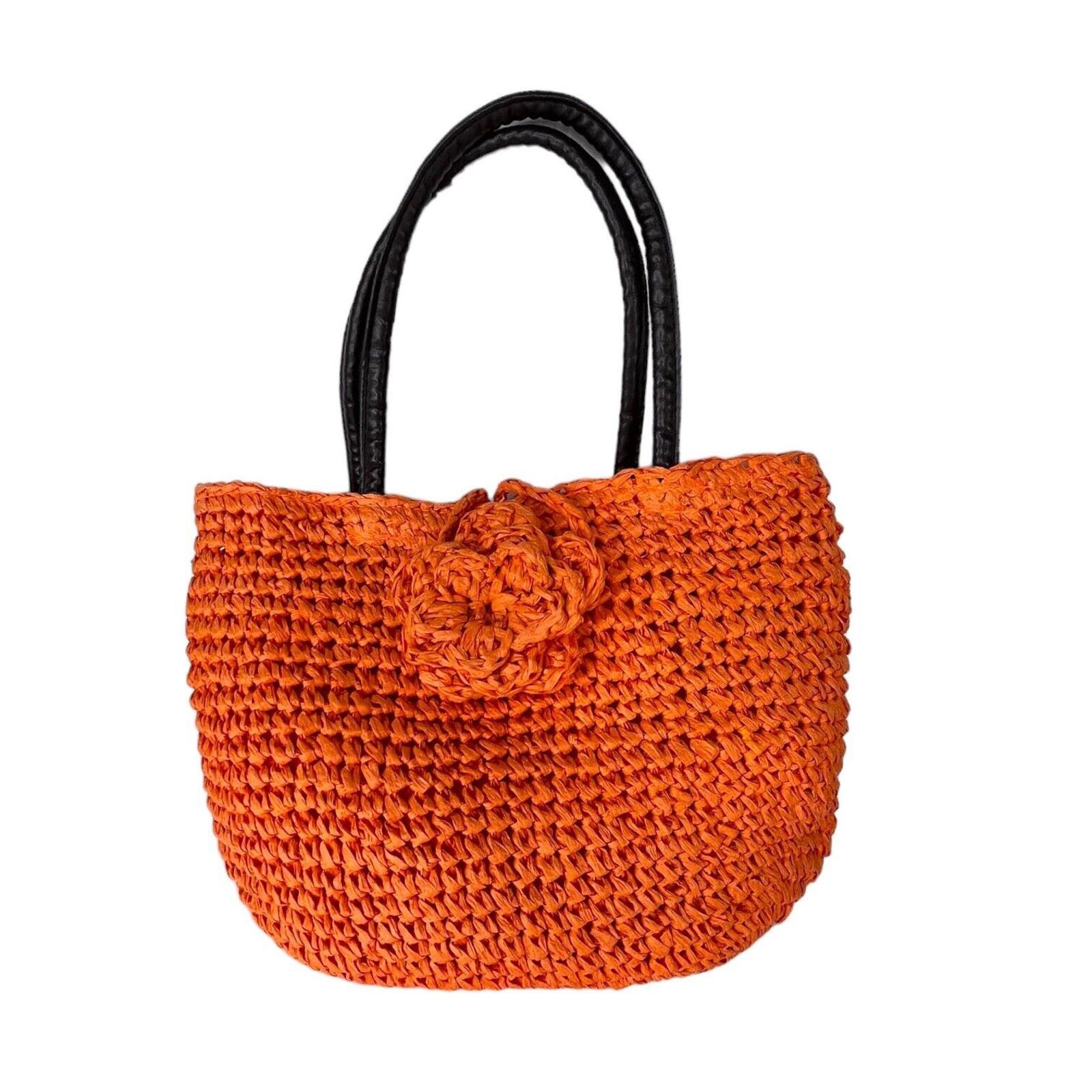 Neiman Marcus Neiman Marcus Orange Woven Straw Tote Bag Purse Flower