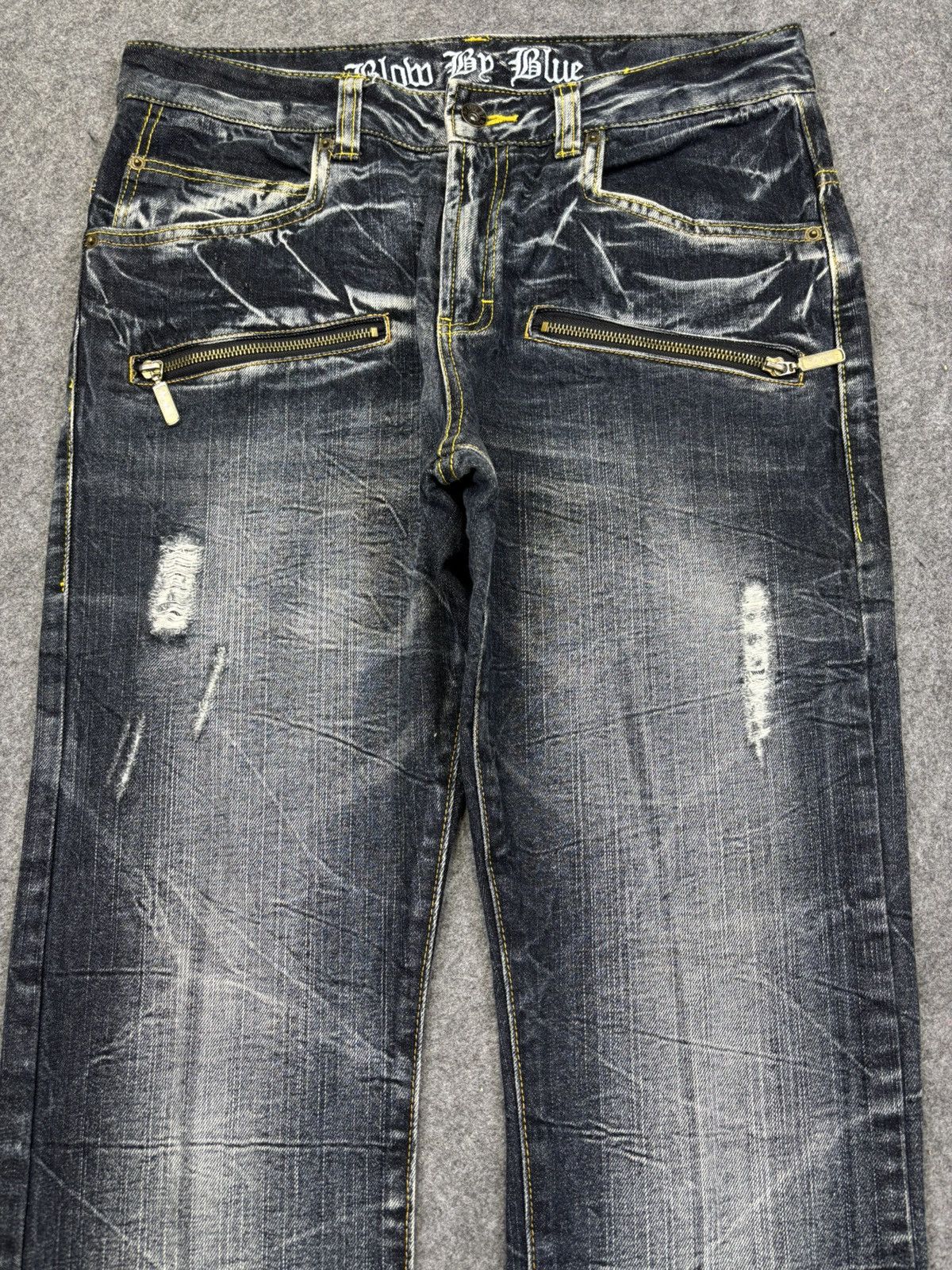 Japanese Brand Blow By Blue Crazy Fades Distressed Mild Denim F815 Size US 33 - 3 Thumbnail