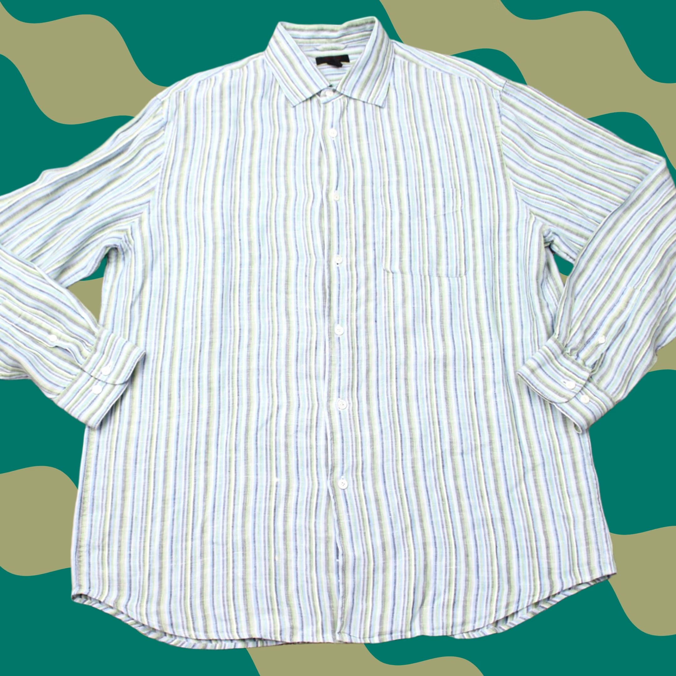 Express Express Shirt Mens XL Green/Blue Striped Long Sleeve Button-Up Irish Linen 90s Size US XL / EU 56 / 4 - 1 Thumbnail