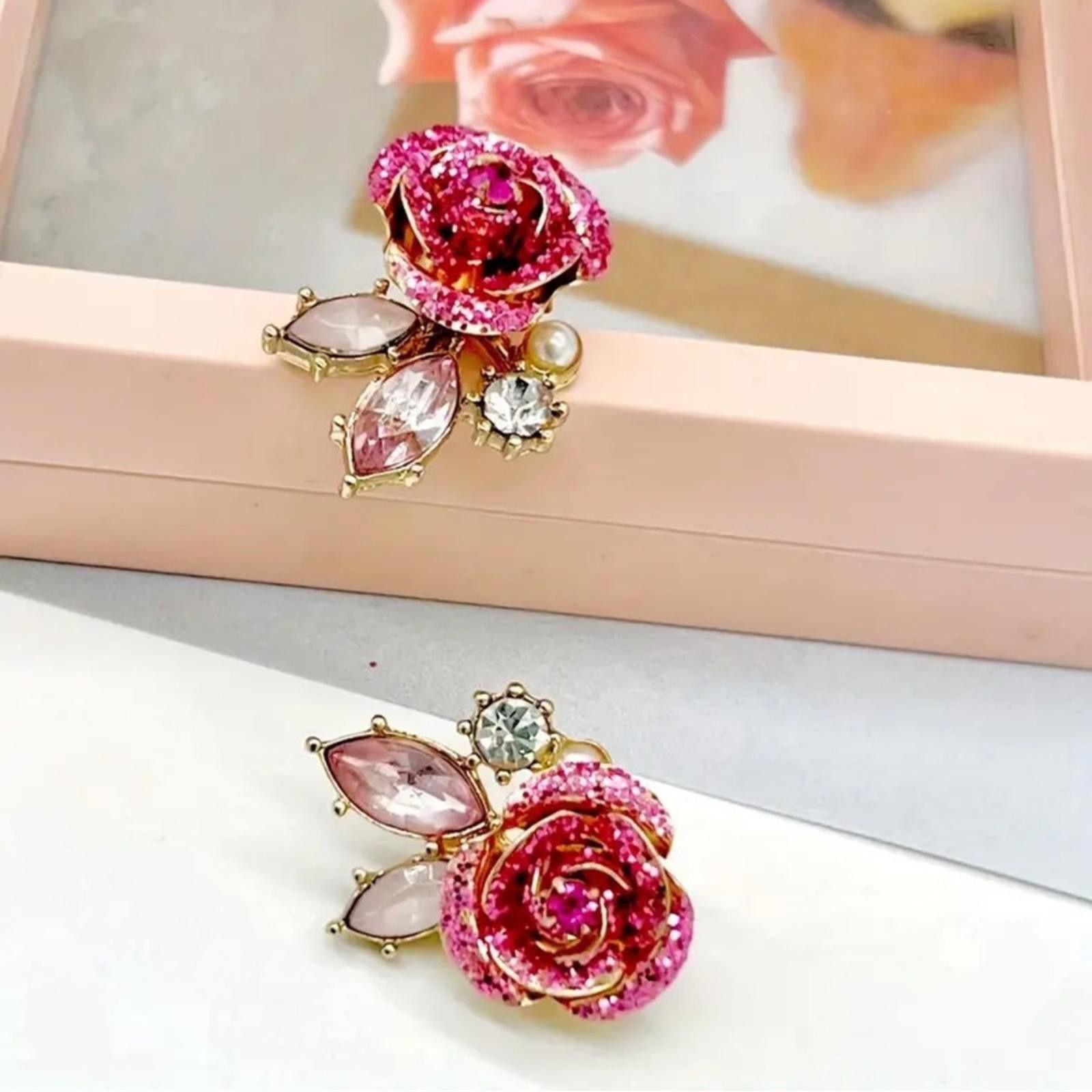Designer Pink Rose Crystal Stud Earrings Size ONE SIZE - 2 Thumbnail