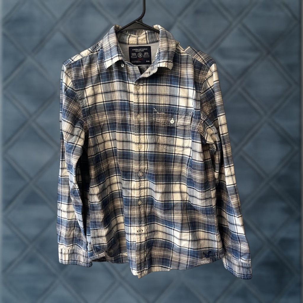 American Eagle Outfitters American Eagle Outfitters Shirt Men Medium Slim Fit Button-Up Blue Plaid Cotton Size US M / EU 48-50 / 2 - 1 Thumbnail