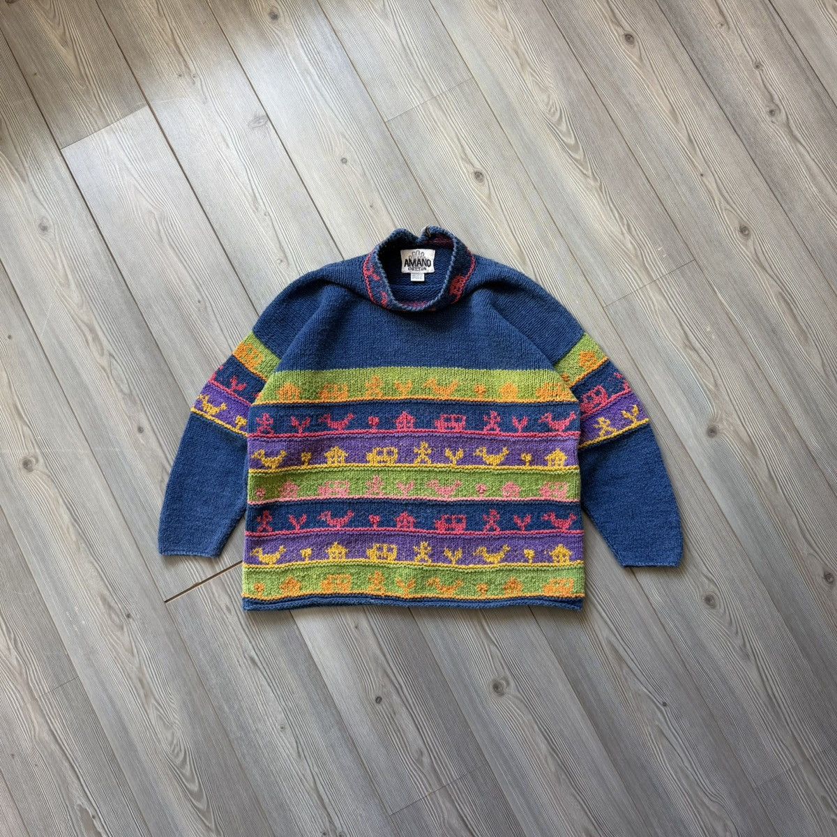 Handmade Amano Mock Neck Folklore Patterned Knit sweater Size US M / EU 48-50 / 2 - 2 Thumbnail