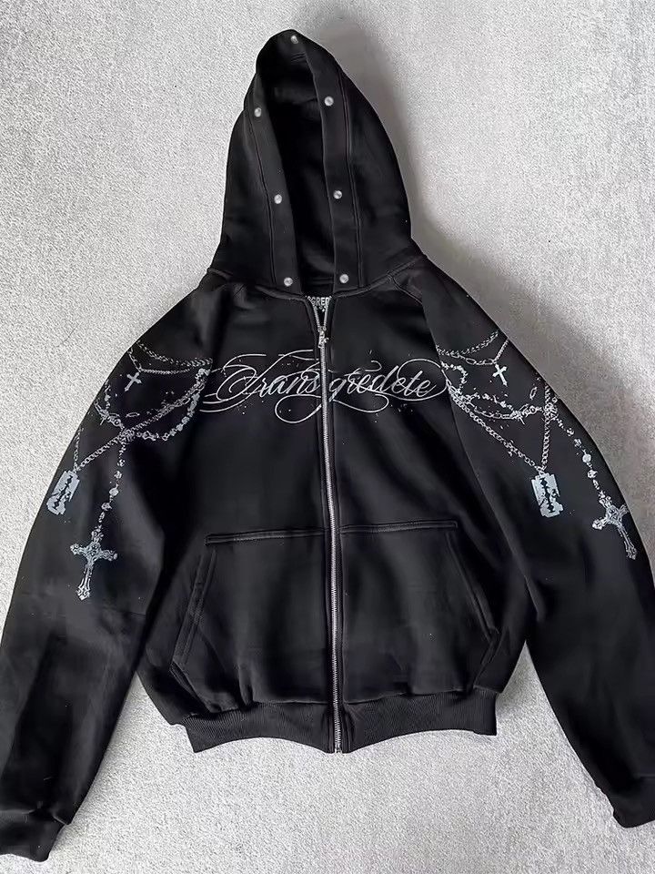 Japanese Brand Faux Fur Hooded Jacket With Cross Print Trendy Edgy Size US XL / EU 56 / 4 - 3 Thumbnail